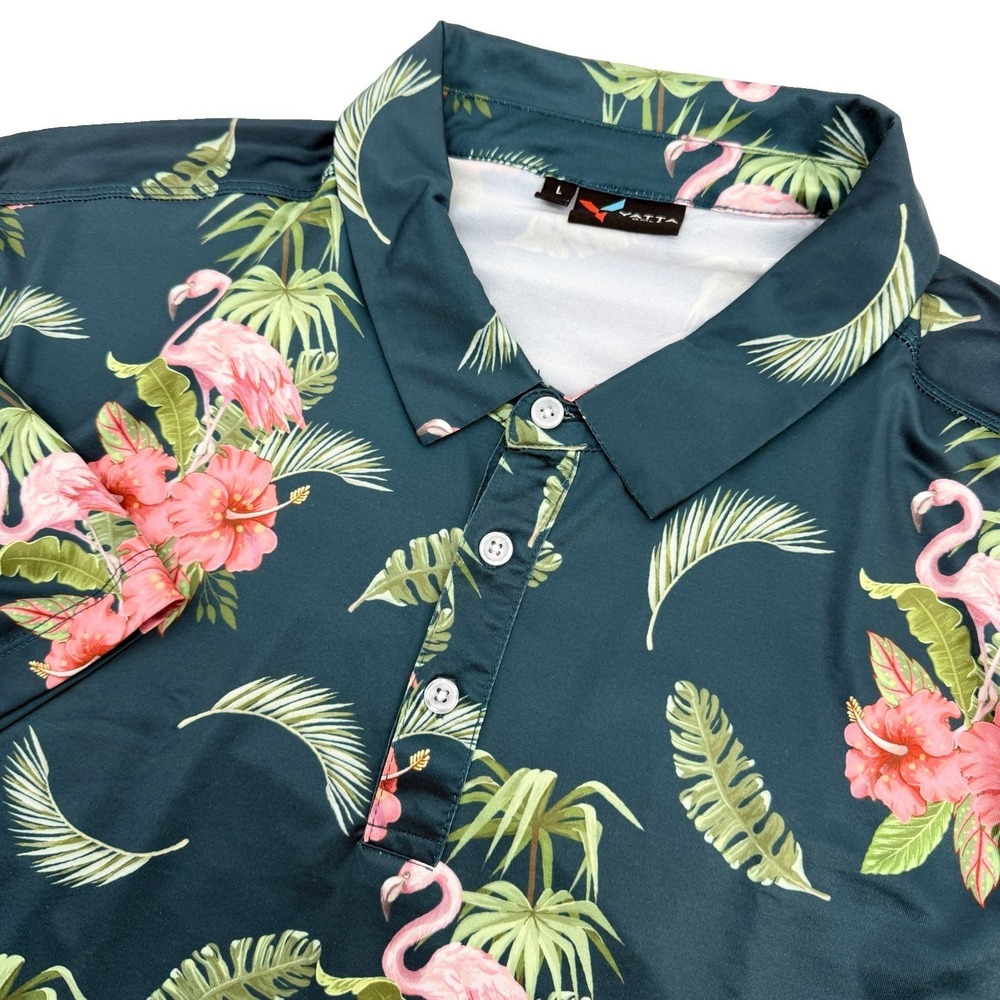 Yatta Golf Polo Shirt Mens L Green Flamingo Hibiscus Tropical Performance Active